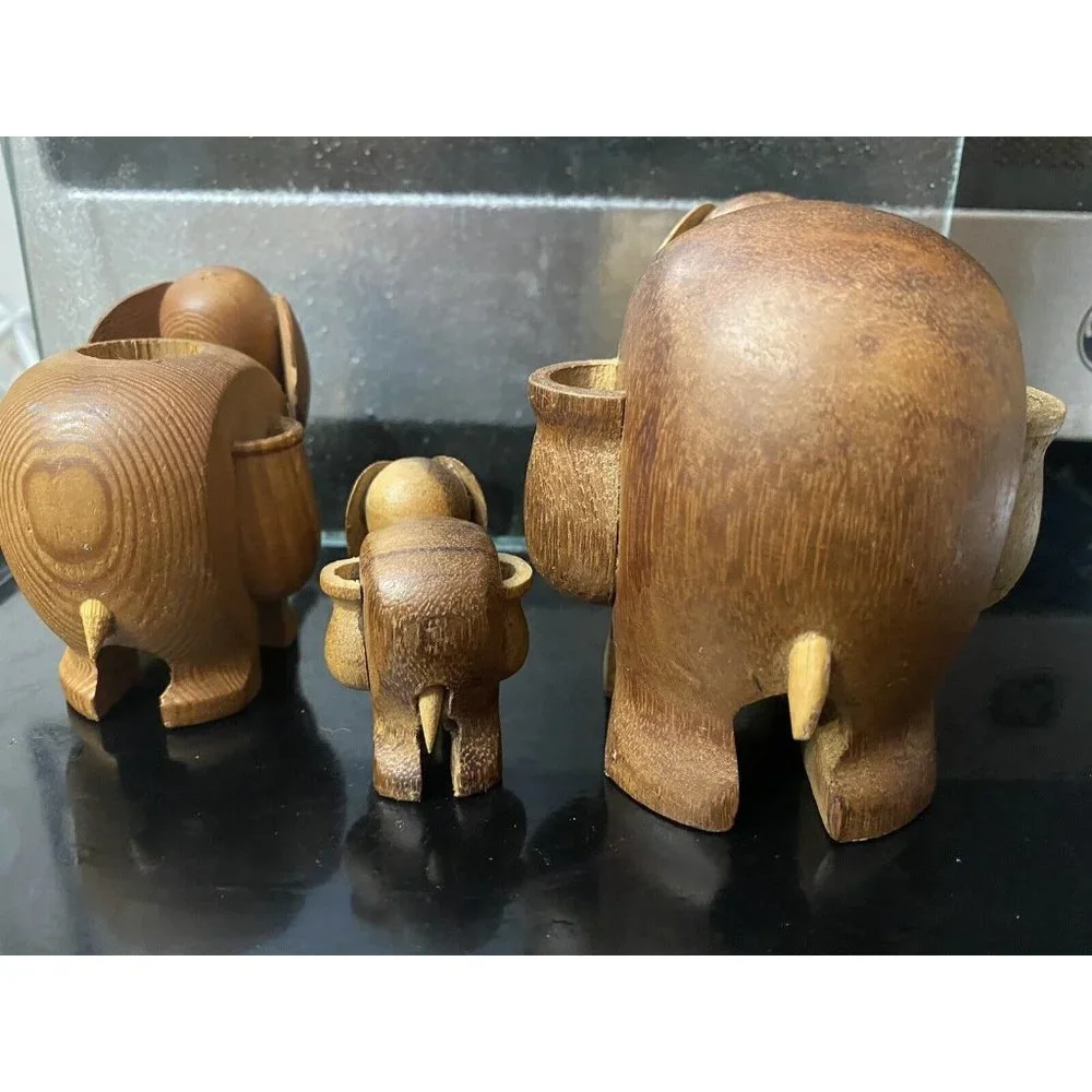 Mid‎ Century Carved Wood Elephant Toothpick Holder Taiwan Set of Three 3 Vintage